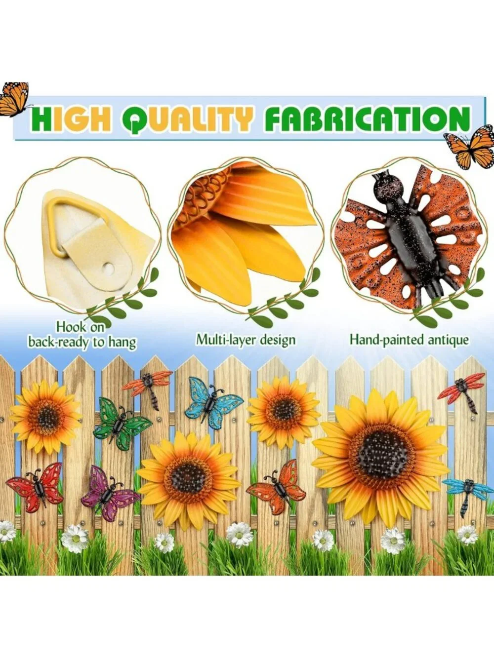 Colorful Metal Sunflower Wall Decor Set - 12 Pcs with Dragonfly & Butterfly Art